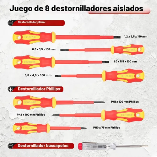 Miniatura 4 de BILITOOLS Juego de destornilladores y alicates aislados, herramientas eléctricas de 1000 V para electricista, puntas magnéticas Phillips ranuradas