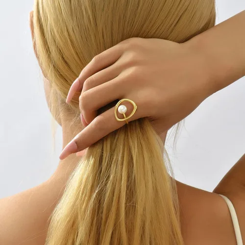 Miniatura 4 de FUNYCHEN Anillo de perlas de plata esterlina, anillo de perlas S925 para mujer, minimalista, irregular, oro, inspirador, anillo de perlas cultivadas