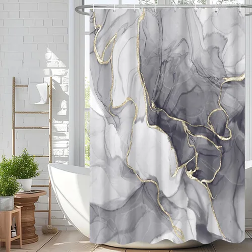 Miniatura 46 de Cortina de ducha abstracta de mármol negro gris y dorado con grietas, cortina de baño moderna ombre impresa, cortina impermeable y lavable de tela