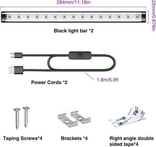 Miniatura 6 de Onforu 2 paquetes de barra de luz negra LED de 10W, 30 cm, tubo de luz negra USB, barras de luz negra con interruptor, luz negra para póster