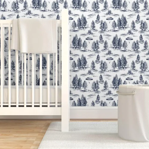 Miniatura 6 de Despegar y pegar papel pintado Swatch - UFO Toile Alien pequeña escala azul blanco espacio caprichoso papel pintado personalizado extraíble por