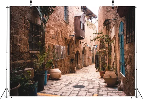 Miniatura 5 de BELECO Telón de fondo de tela de 5 x 3 pies, diseño de calle de la ciudad vieja, Israel, casas de piedra, macetas, nostalgia, fotos, fondo