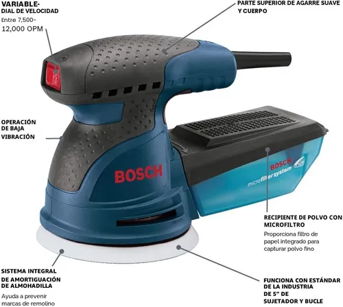Miniatura 3 de BOSCH ROS20VSC lijadora palmar 2.5 Amp 5 pulgadas con cable, lijadora orbital aleatoria de velocidad variable, kit pulidor con colector de polvo