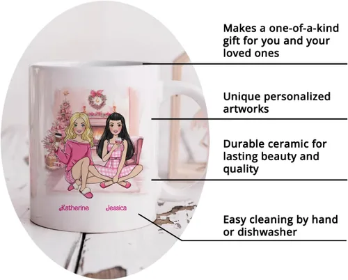 Miniatura 5 de Gossby Taza de café de Navidad personalizada para amigas, regalo de amistad de Navidad personalizado para 2 mejores amigos con diseño, nombre, taza
