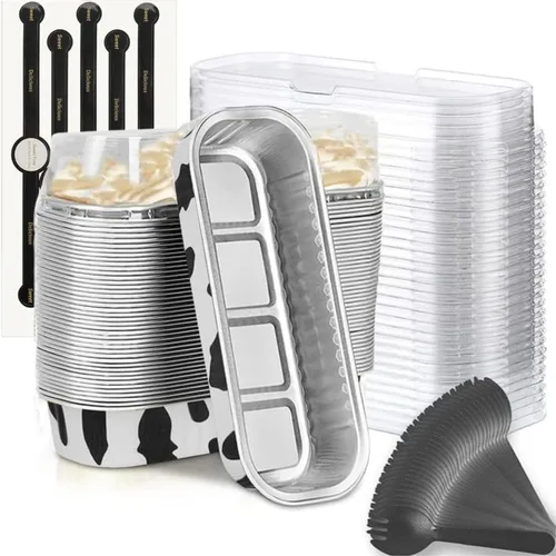 Miniatura 17 de Findful Mini Moldes para Hornear Pan con Tapas y Cucharas (Paquete de 50, 6.8oz) Moldes Rectangulares de Papel de Aluminio para Hornear Recipientes