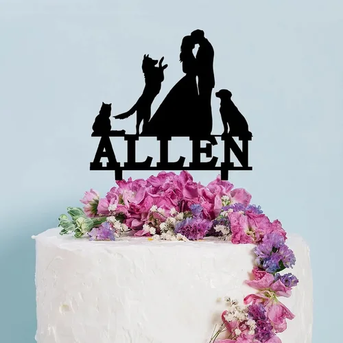 Decoración para tartas de pareja con mascotas, dos perros y un gato, 5.9 pulgadas, acrílico, personalizable, fecha y nombre, novia y novio, tenedor