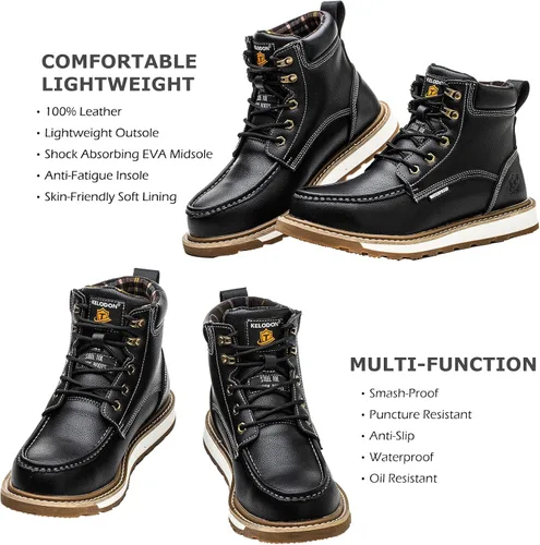 Miniatura 5 de KELODON Botas impermeables con punta de acero para hombres, botas de trabajo de cuero de 6 pulgadas, botas de construcción indestructibles, botas