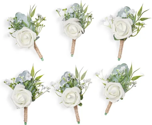 Miniatura 16 de Boutonnieres de aliento de bebé para hombre, juego de 2, blanco natural para novio y padrinos de boda con pin para boda rústica de otoño, vintage