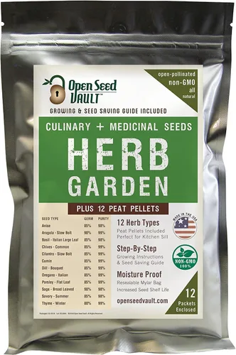 Open Seed Vault Kit de hierbas medicinales y culinarias nativas 100% sin GMO, 12 semillas de hierbas populares fáciles de cultivar, incluye 12