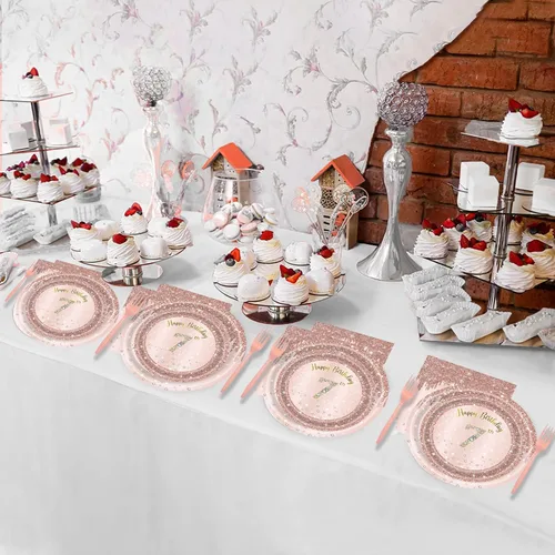 Miniatura 7 de Juego de 24 platos y servilletas, tenedores, suministros de fiesta para 7 años de edad, desechables, color oro rosa, para 24 invitados
