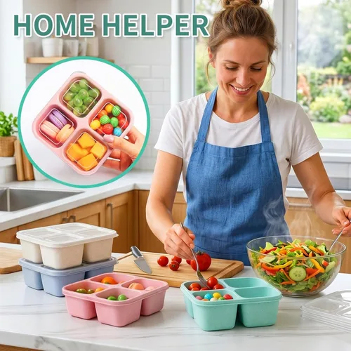 Miniatura 5 de buluker Juego de 4 Recipientes Bento para Aperitivos, Recipientes de Almacenamiento de Alimentos de 4 Compartimentos, Caja de Almuerzo de Paja