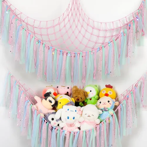 Miniatura 9 de Hamaca de animales de peluche con luces LED, red grande de almacenamiento de juguetes de 59 pulgadas para dormitorio de niños, organizador de felpa