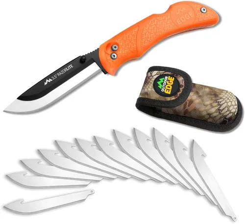 Miniatura 8 de Cuchillos Outdoor Edge RazorPro L de caza con cuchilla reemplazable de afeitar ultraafilada, mango naranja antideslizante TRP, funda para cinturón
