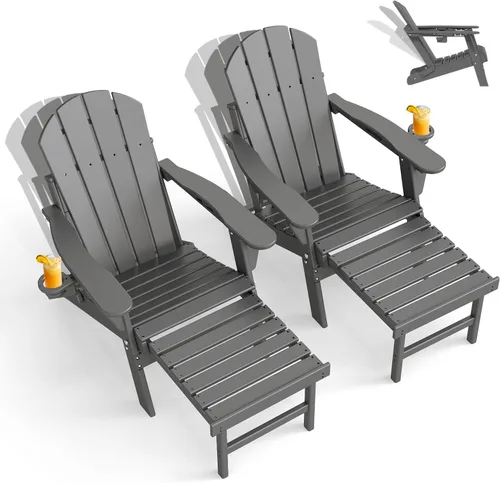 Miniatura 14 de GREENVINES Silla Adirondack ajustable con otomana retráctil, juego de 2 Plegable Plástico de polietileno de alta densidad Sillas para hoguera