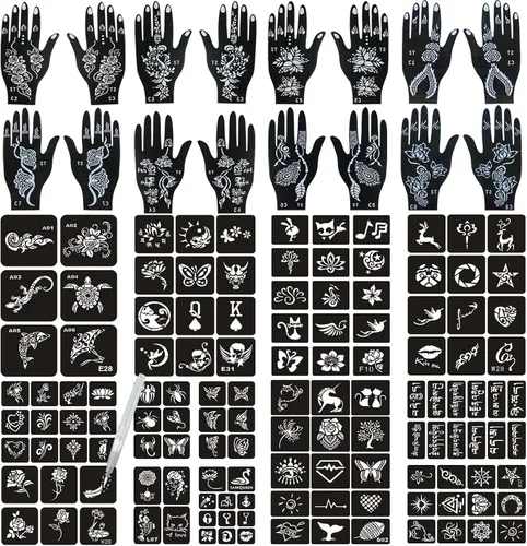 Plantillas de tatuaje de henna, 138 piezas, 24 hojas de plantillas de tatuaje para aerógrafo, kit de plantillas de tatuaje reutilizables para