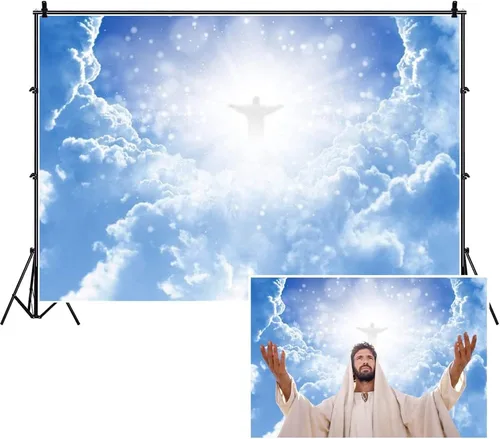 Miniatura 6 de Leyiyi Fondo de fotografía de Jesucristo en el cielo, 5 x 3 pies, paraíso Dios, lugar, cielo, nube, bokeh, halos, punto, pancarta sagrada, telón