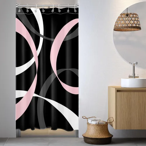 Miniatura 18 de LB Cortina de ducha abstracta rosa para baño, cortina de ducha de tela a rayas grises y blancas sobre fondo negro con ganchos, juego de cortinas