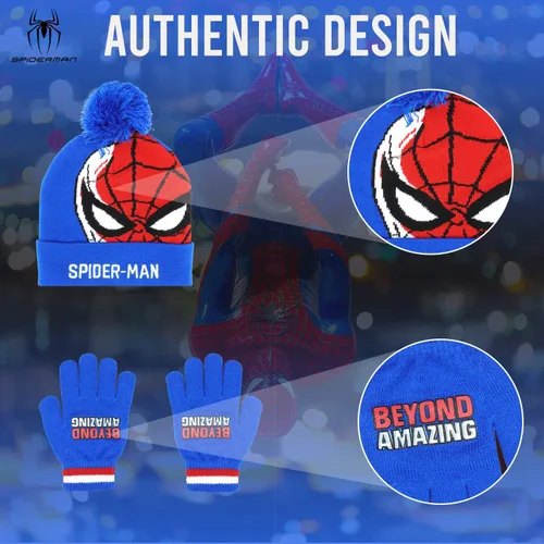 Miniatura 5 de Marvel Spider-Man - Sombrero de invierno y guantes de nieve para niños y niños, juego de 2 piezas, gorro con pompones con guantes cálidos
