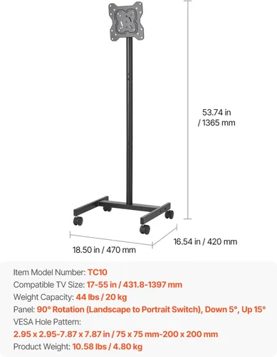 Miniatura 7 de VEVOR - Soporte de TV con ruedas, carrito de TV móvil para pantallas de 17 a 55 pulgadas, de retrato a paisaje, soporte de TV portátil con ruedas