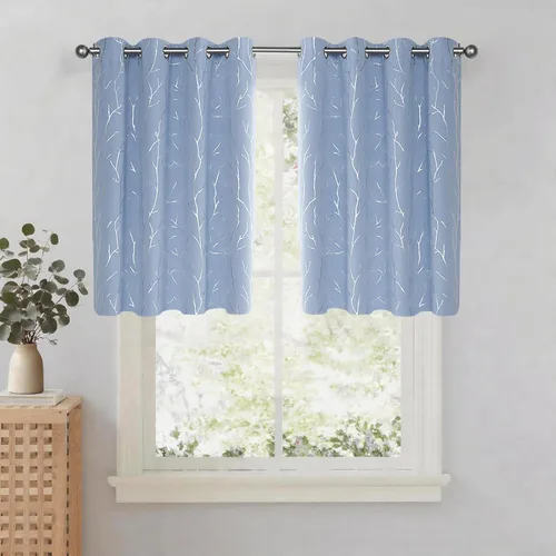 Miniatura 29 de BUHUA Cortinas pequeñas para ventana de 36 pulgadas de largo, 2 paneles, cortinas opacas con elegantes ramas de árbol plateadas, cortinas de bloqueo