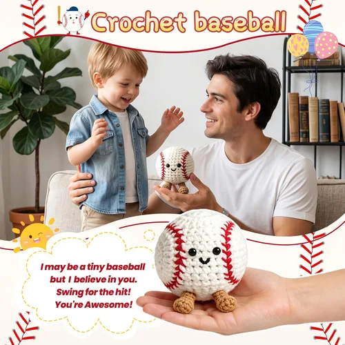 Miniatura 6 de Regalos positivos de ganchillo de béisbol para niños, hombres, papá, muñeca de punto inspiradora con tarjeta de aliento y llavero de caja, divertida