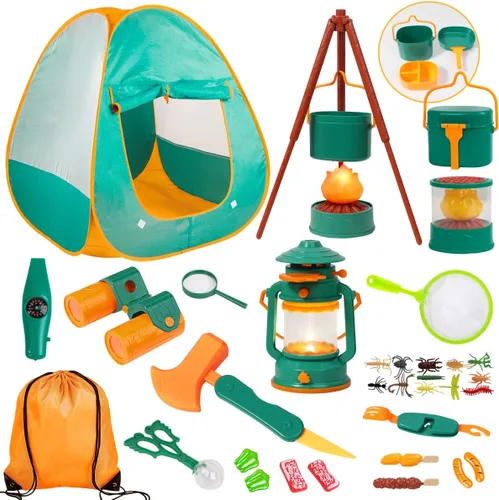 Miniatura 11 de Meland Juego de camping para niños con tienda de campaña, juguete de equipo de campamento con juego de simulación, juguete al aire libre para niños
