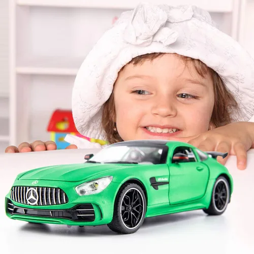 Miniatura 7 de BDTCTK 1/24 AMG GTR - Coche modelo de auto de juguete, aleación de zinc con sonido y luz para regalo de niños y niñas (verde)