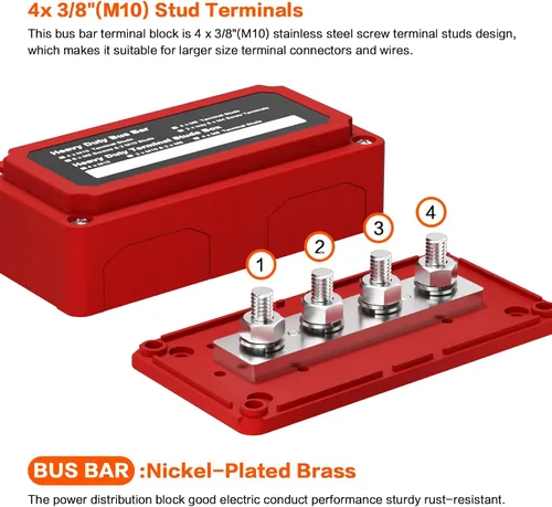 Miniatura 2 de 2 piezas 300A Barra de autobús Barra de distribución de energía de latón 4 3/8 pulgadas (M10) Pernos Barra de autobús Terminal positivo negativo a