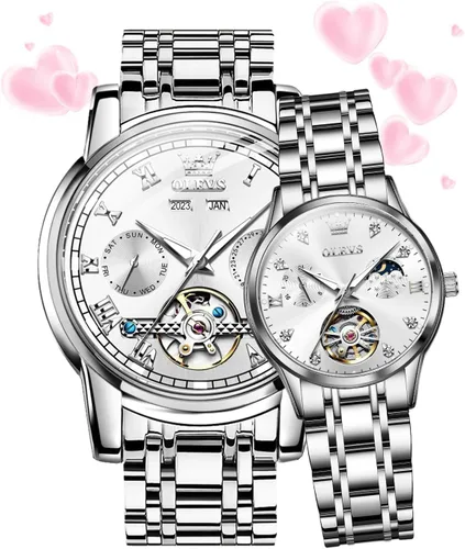 OLEVS Relojes de pareja para hombres y mujeres, reloj automático para él y ella, tono de remolque, de acero inoxidable, impermeable, luminoso,