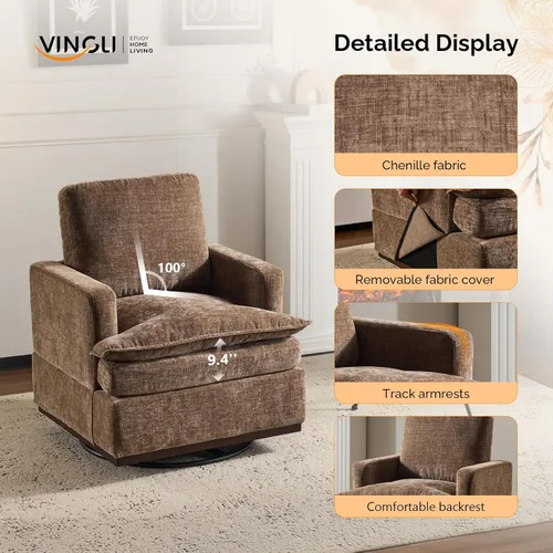 Miniatura 6 de VINGLI Silla giratoria de 360° con cojines de asiento de doble capa, sillón giratorio moderno, silla de club cuadrada tapizada para sala de estar