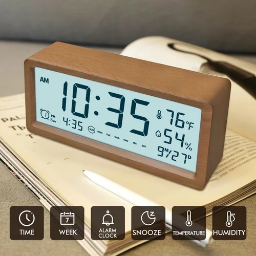 Miniatura 6 de Reloj despertador digital de madera con altavoz Bluetooth, fecha de temperatura, relojes digitales eléctricos inteligentes, relojes de noche con luz