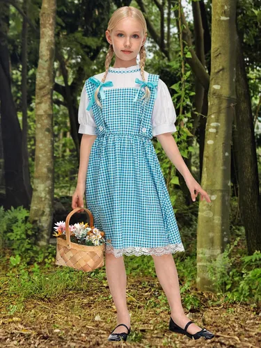 Miniatura 4 de Girls Halloween Clothing Blue Gingham Puff Sleeves Midi Dress Outfit with Hair Bows 5-14 Years