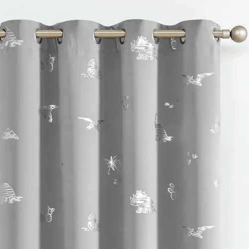 Miniatura 12 de Vangao - Cortinas para niños con impresión de dinosaurio en negro, cortinas opacas para guardería, habitación de niñas y niños, estampado plateado