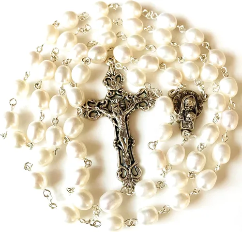 elegantmedical Hecho a mano AAA 8-9MM perla natural perlas rosas rosario crucifijo Jesús cruz católica collar caja, Metal
