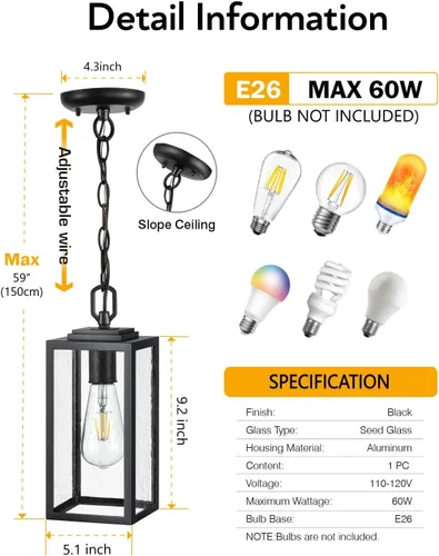 Miniatura 4 de VIANIS Luces colgantes al aire libre, lámparas colgantes exteriores para porche delantero, moderna iluminación exterior negra para patio con vidrio