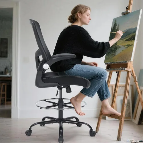 Miniatura 9 de Silla de dibujo, silla de oficina alta con asiento de piel sintética, silla de escritorio ergonómica de pie con soporte lumbar, silla de oficina