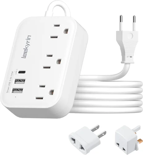 Miniatura 9 de Adaptador de enchufe de viaje europeo, regleta de corriente de EE. UU. a Reino Unido Europa para UE/RU/EE. UU. con USB C, 3 puertos USB 3 tomas
