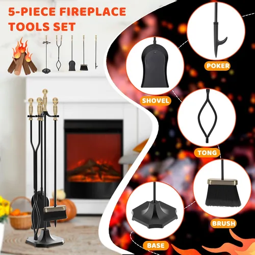 Miniatura 3 de Juego de 5 herramientas para chimenea de 31 pulgadas, herramientas de hierro forjado con mango ergonómico, juego de accesorios para chimenea incluye