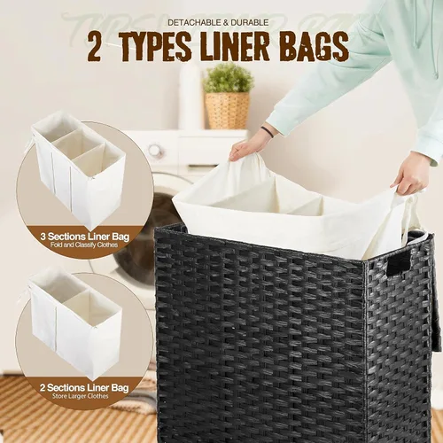 Miniatura 3 de Greenstell Cesta de ropa sucia con tapa, cesta grande de ropa de 125L con 3 secciones y bolsas de forro extraíbles de 2 secciones y 5 bolsas de Negro