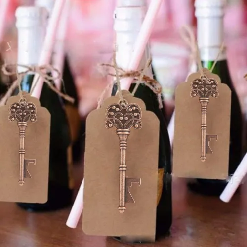 12 abridores de botellas con llave, surtido de llaves de esqueleto vintage, abrebotellas de aleación, llavero de cobre con etiquetas, regalos de