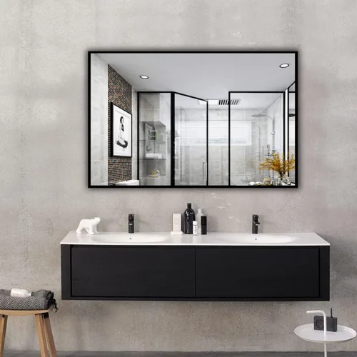 HANS Espejo rectangular grande de baño, espejo de tocador con marco de madera montado en la pared (40 x 24 pulgadas) (negro)