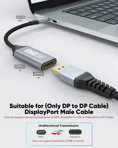 Miniatura 4 de Adaptador USB C a DisplayPort 1.4 8K a 60Hz, adaptador USBC a DisplayPort compatible con Thunderbolt 5/4/3 (4K @240Hz/144Hz, HDR, 32.4Gbps DP)