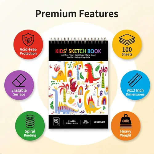 Miniatura 2 de Soucolor Cuaderno de bocetos para niños: 9 x 12 pulgadas, 100 hojas de papel de dibujo sin ácidos, encuadernado en espiral. Bloc de dibujo ligero