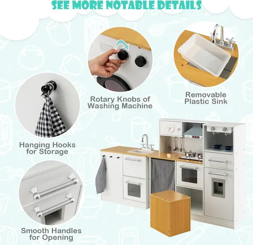 Miniatura 5 de HONEY JOY Juego de cocina para niños, juego de cocina modular de madera de 2 piezas, lavadora y fregadero, cafetera, campana extractora y estufa