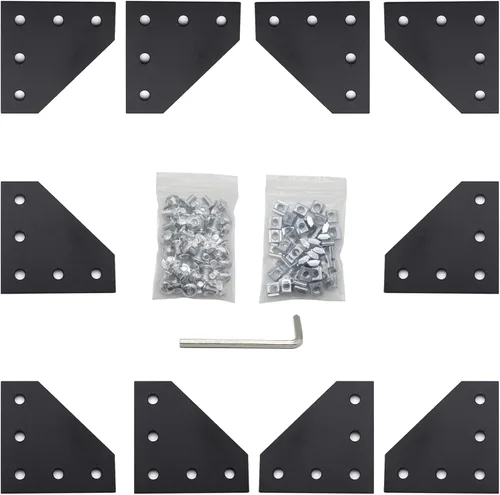 10 placas de soporte de esquina negras serie 2020 de 5 agujeros en forma de L con 50 tuercas M5 T + 50 tornillos M5 x 0.315 in + 1 llave para ranura