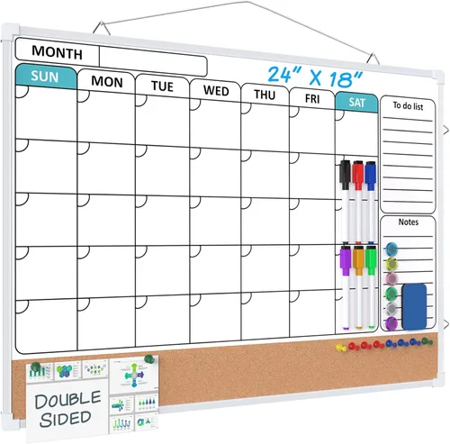 MaxGear - Pizarra blanca mensual para pared, 24 x 18 pulgadas, pizarra de corcho de borrado en seco | Double-Sided, Built-In Cork Bulletin Board,