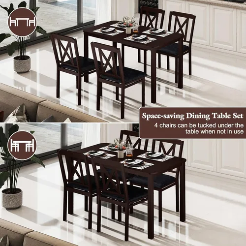 Miniatura 6 de Giantex Juego de mesa de comedor de 5 piezas para 4, mesa de cocina rectangular de 47 pulgadas y 4 sillas con patas de madera de goma, asiento