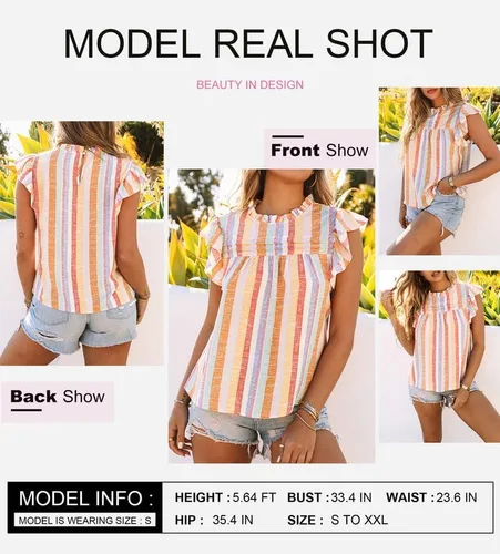 Miniatura 4 de SHEWIN Camiseta sin mangas de verano para mujer, cuello redondo, casual, con volantes