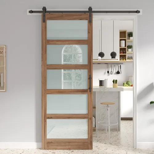 Miniatura 18 de FREDBECK Puerta de granero de vidrio de 32 x 84 pulgadas con kit de herrajes para puerta de granero de 5.5 pies y asa incluida, 5 paneles de vidrio