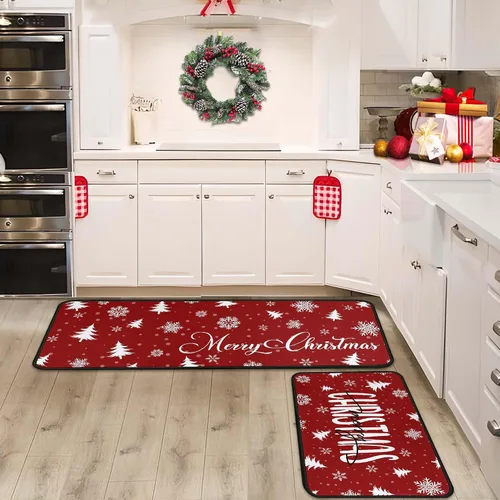 Miniatura 9 de Juego de 2 alfombras y tapetes de cocina de Navidad, decoraciones navideñas para el hogar, parte trasera antideslizante, tapete de cocina de Copo